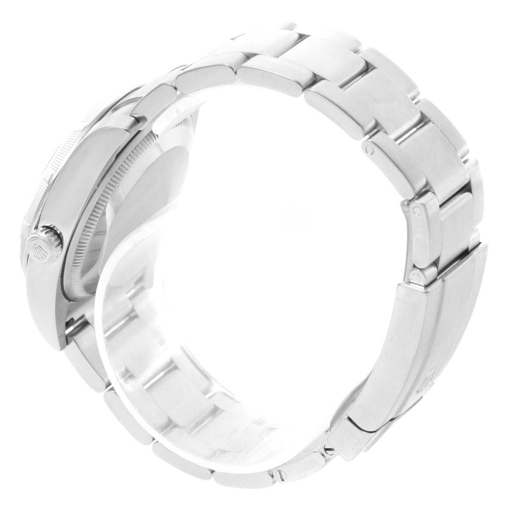 The image shows the side view of a Rolex Air-King 114210 Men's Stainless Steel White Dial 114210 Men's Stainless Steel White Dial watch, highlighting the crown, case, and bracelet.