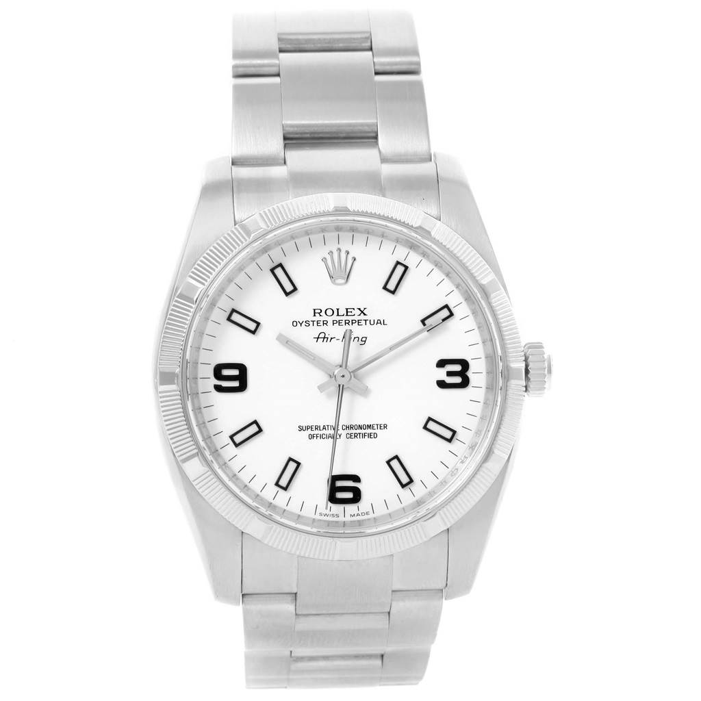 The image shows a front view of a Rolex Air-King 114210 Men's Stainless Steel White Dial 114210 Men's Stainless Steel White Dial watch, displaying its face, bezel, and bracelet.