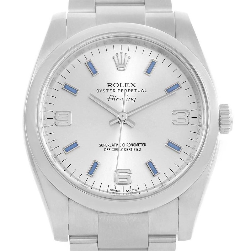 Rolex Air King Silver Dial Blue Baton Markers Unisex Watch 114200 SwissWatchExpo