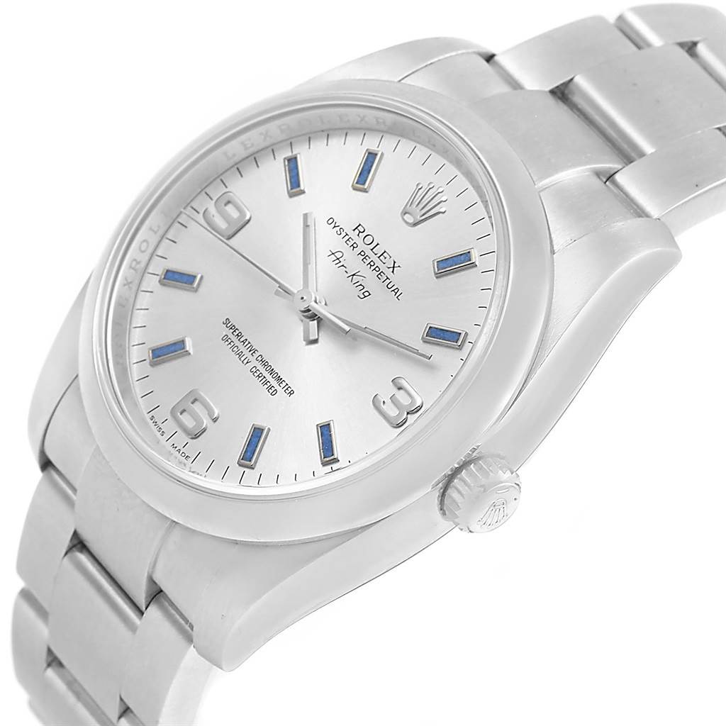 The image shows a Rolex Air-King 114200 Stainless Steel Silver Dial 114200 Stainless Steel Silver Dial watch angled to display the face, crown, and part of the bracelet.