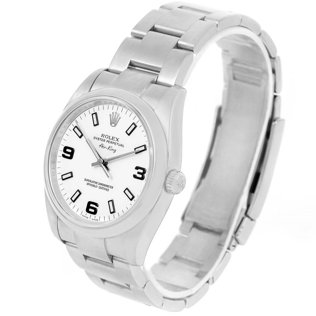 The Rolex Air-King 114200 Men's Stainless Steel White Dial 114200 Men's Stainless Steel White Dial watch is shown from a front angle, displaying the dial, bezel, and bracelet.