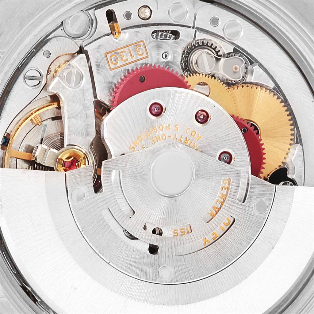 The image shows the intricate internal components and movement mechanism of a Rolex Air-King 114200 Stainless Steel Blue Dial 114200 Stainless Steel Blue Dial watch.