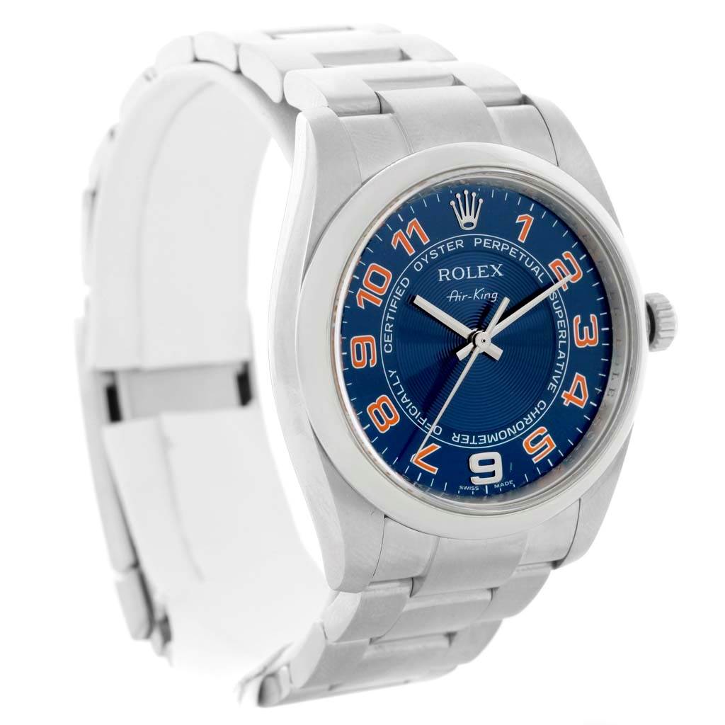 The Rolex Air-King 114200 Stainless Steel Blue Dial 114200 Stainless Steel Blue Dial watch is shown at an angle displaying the face, case, crown, and part of the bracelet.