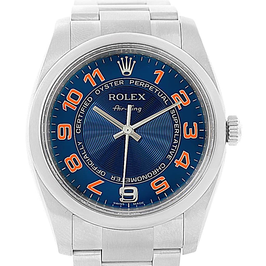 This image shows a frontal view of a Rolex Air-King 114200 Stainless Steel Blue Dial 114200 Stainless Steel Blue Dial watch, highlighting its blue dial and metal bracelet.