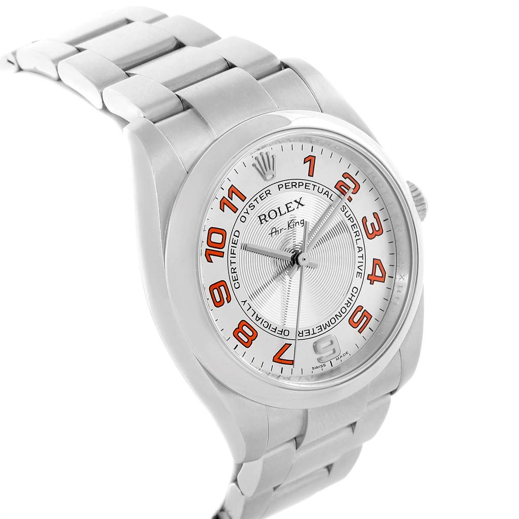 This image shows a Rolex Air-King 114200 Men's Stainless Steel Silver Dial 114200 Men's Stainless Steel Silver Dial watch, angled to display its silver dial with red numerals, bezel, and part of the bracelet.