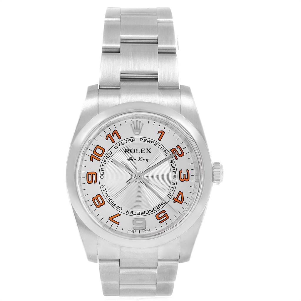 This image shows a front view of the Rolex Air-King 114200 Men's Stainless Steel Silver Dial 114200 Men's Stainless Steel Silver Dial watch, displaying the dial, bezel, and bracelet.