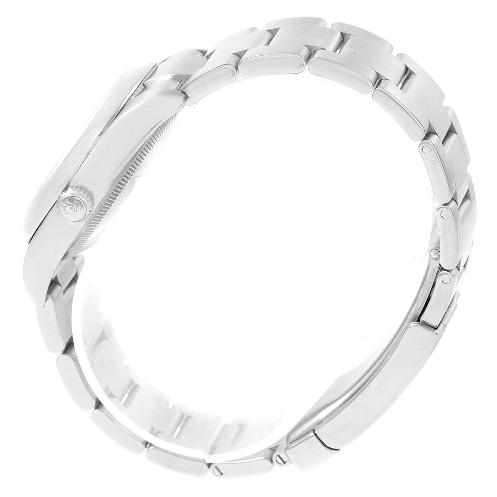 The image shows a side view of the Rolex Air-King 114200 Men's Stainless Steel Silver Dial 114200 Men's Stainless Steel Silver Dial model, highlighting the crown and stainless steel bracelet.