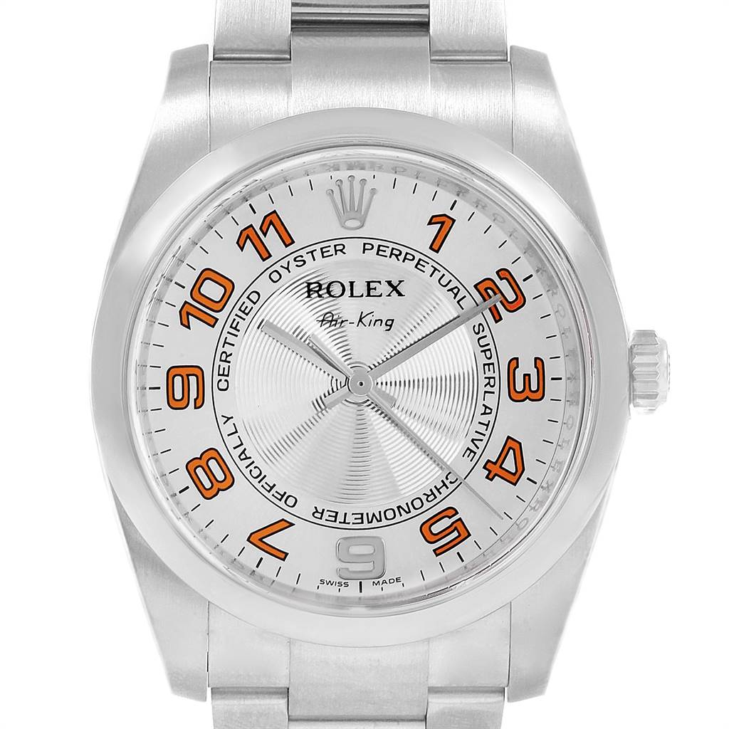The image shows a front view of a Rolex Air-King 114200 Men's Stainless Steel Silver Dial 114200 Men's Stainless Steel Silver Dial watch, highlighting the dial and bracelet.