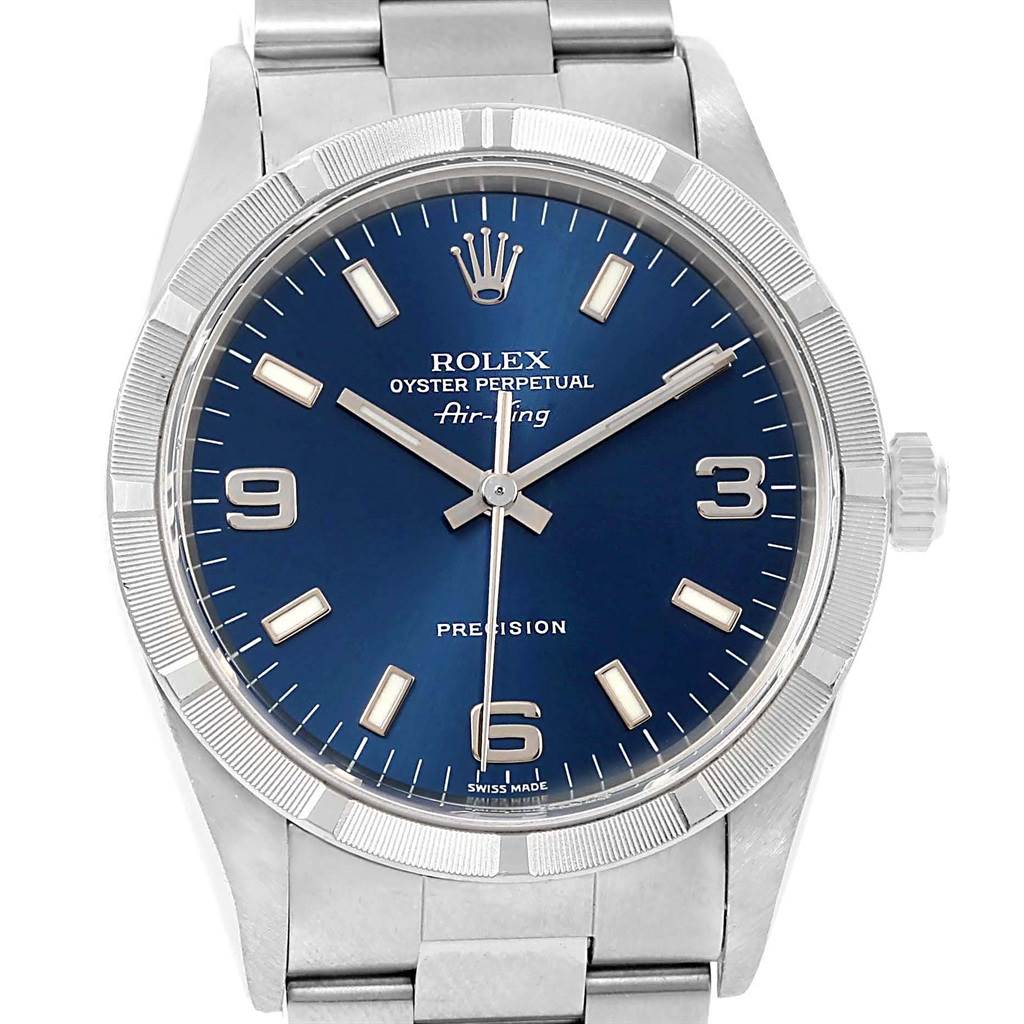 This image shows a front view of the Rolex Air-King 14010 Men's Stainless Steel Blue Dial 14010 Men's Stainless Steel Blue Dial watch, highlighting its blue dial, silver markers, and bracelet.