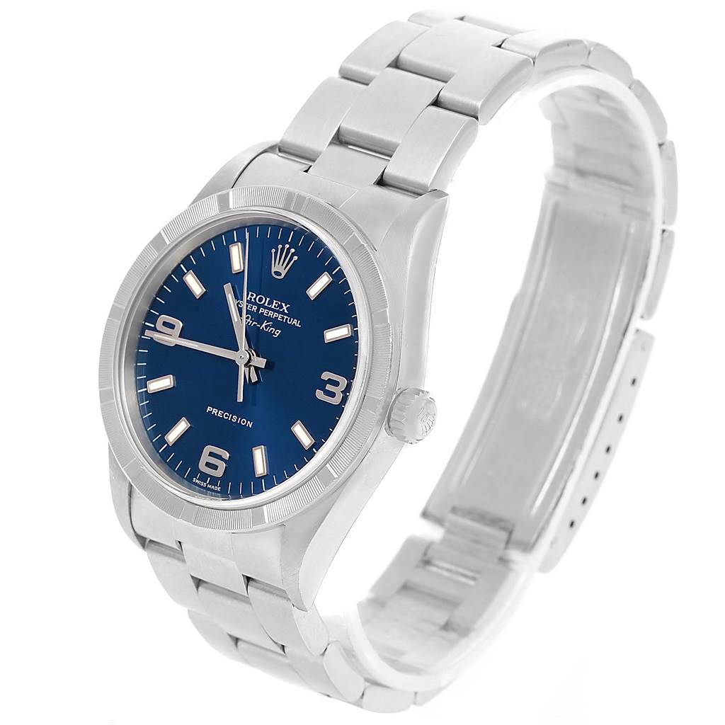 The Rolex Air-King 14010 Men's Stainless Steel Blue Dial 14010 Men's Stainless Steel Blue Dial watch is shown at a slight angle, highlighting the blue dial, silver bracelet, and winding crown.