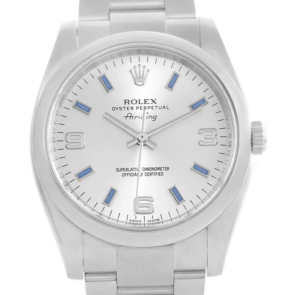 The image shows a front view of a Rolex Air-King 114200 Men's Stainless Steel Silver Dial 114200 Men's Stainless Steel Silver Dial watch, highlighting the dial, crown, bezel, and part of the bracelet.