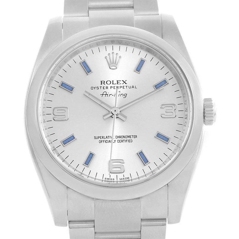 Rolex Air King Silver Dial Blue Baton Markers Unisex Watch 114200 SwissWatchExpo