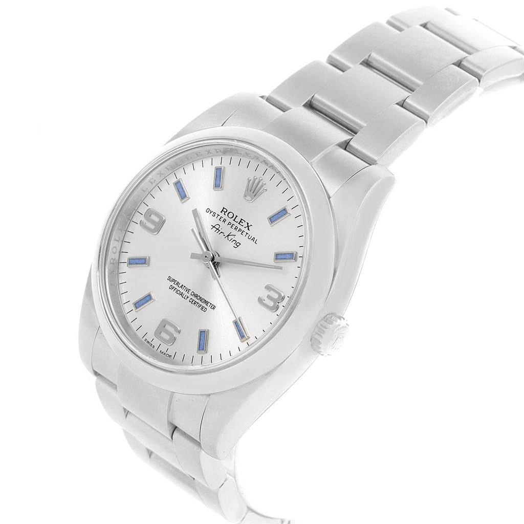 The Rolex Air-King 114200 Men's Stainless Steel Silver Dial 114200 Men's Stainless Steel Silver Dial watch is shown at a slight angle, displaying its face, stainless steel bracelet, and crown.