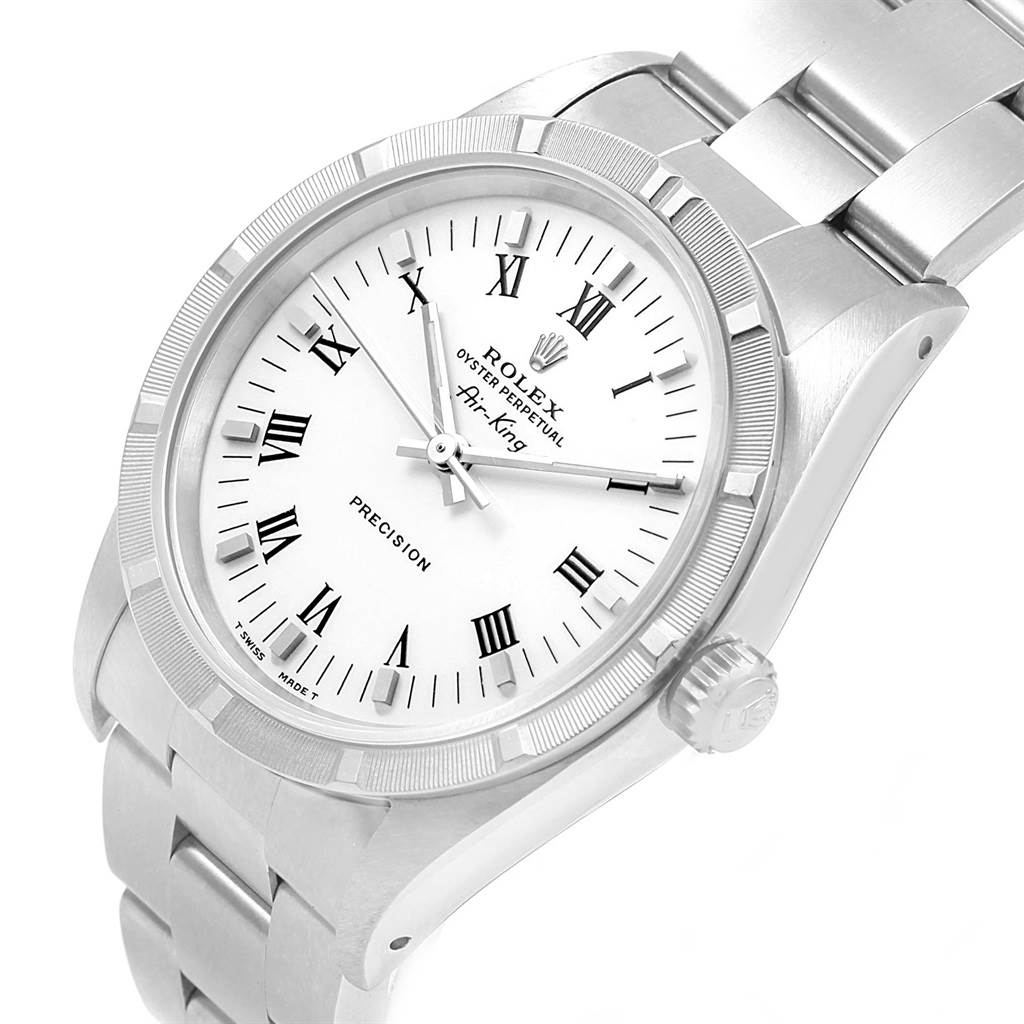 The image shows a Rolex Air-King 14010 Men's Stainless Steel White Dial 14010 Men's Stainless Steel White Dial watch from a three-quarter view, highlighting its dial, bezel, crown, and part of the bracelet.