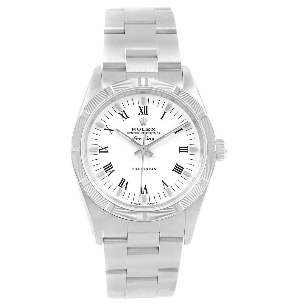 The image shows a front view of a Rolex Air-King 14010 Men's Stainless Steel White Dial 14010 Men's Stainless Steel White Dial watch displaying its face, bezel, and bracelet.
