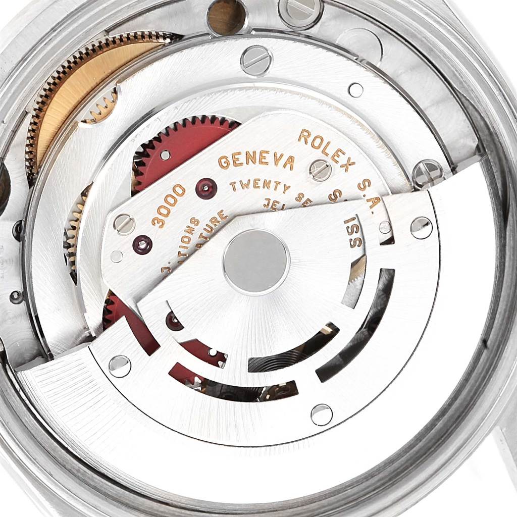This image shows the internal mechanism of a Rolex Air-King 14010 Men's Stainless Steel White Dial 14010 Men's Stainless Steel White Dial watch, specifically highlighting the rotor and movement components.