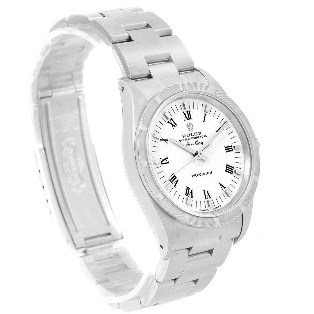 This image shows a side angle of the Rolex Air-King 14010 Men's Stainless Steel White Dial 14010 Men's Stainless Steel White Dial model watch, highlighting the dial, bracelet, and clasp.