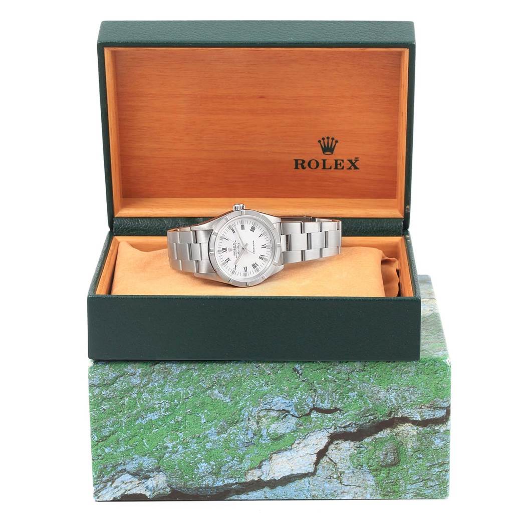 The Rolex Air-King 14010 Men's Stainless Steel White Dial 14010 Men's Stainless Steel White Dial watch is shown front-on, placed inside an open Rolex box with visible branding.