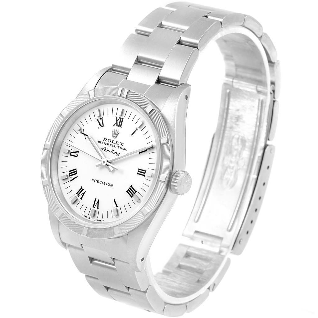 This image shows a Rolex Air-King 14010 Men's Stainless Steel White Dial 14010 Men's Stainless Steel White Dial watch from an angled top view, highlighting its dial, bezel, case, and bracelet.