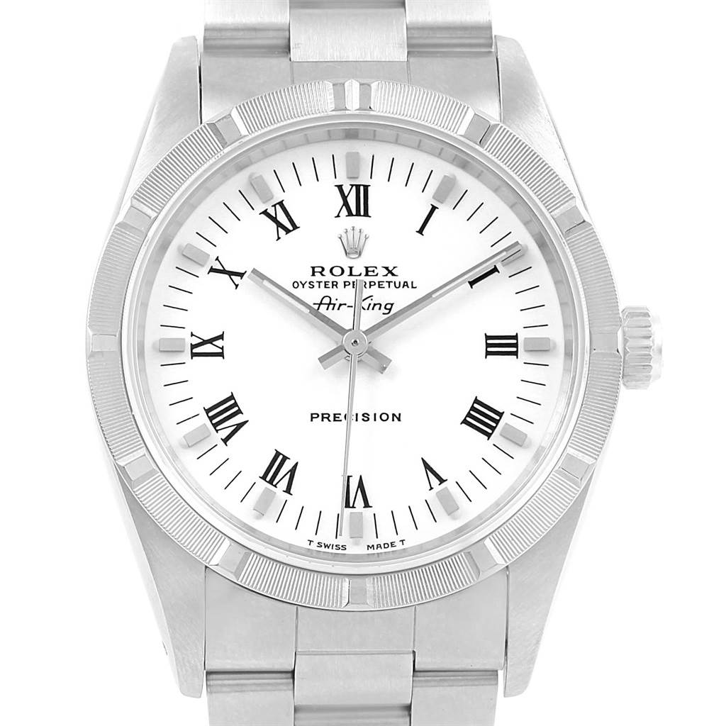 This is a close-up of the Rolex Air-King 14010 Men's Stainless Steel White Dial 14010 Men's Stainless Steel White Dial watch, showing the face, bezel, crown, and part of the metal bracelet.