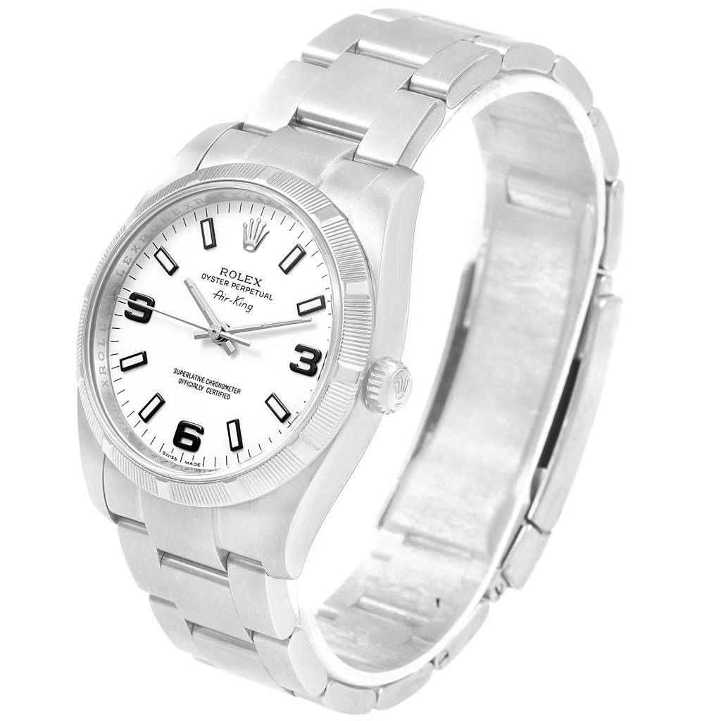 The Rolex Air-King 114210 Men's Stainless Steel White Dial 114210 Men's Stainless Steel White Dial watch is shown at a three-quarter angle, highlighting the face, bezel, crown, and part of the bracelet.