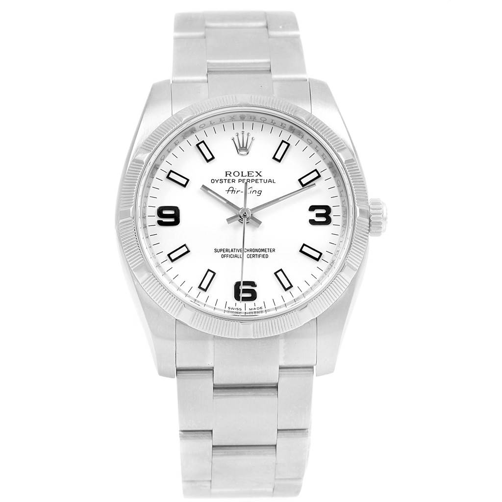 The image shows a front view of a Rolex Air-King 114210 Men's Stainless Steel White Dial 114210 Men's Stainless Steel White Dial watch, displaying the face, bezel, and bracelet.