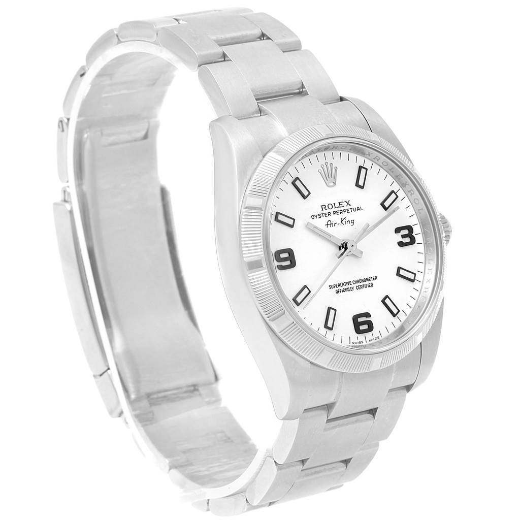The image displays a side and front angle of the Rolex Air-King 114210 Men's Stainless Steel White Dial 114210 Men's Stainless Steel White Dial watch, highlighting the face, bezel, and bracelet.
