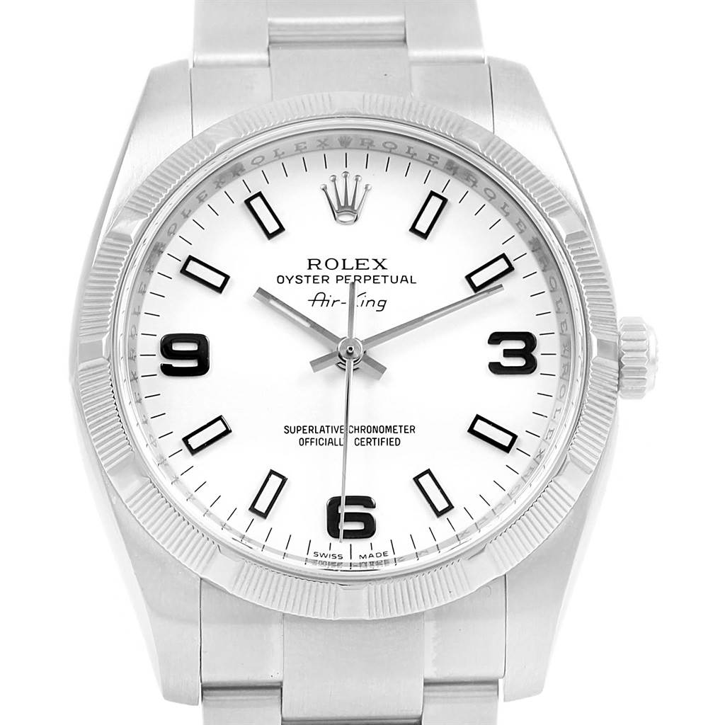 The image shows a frontal view of a Rolex Air-King 114210 Men's Stainless Steel White Dial 114210 Men's Stainless Steel White Dial watch, highlighting its face, bezel, and part of the bracelet.