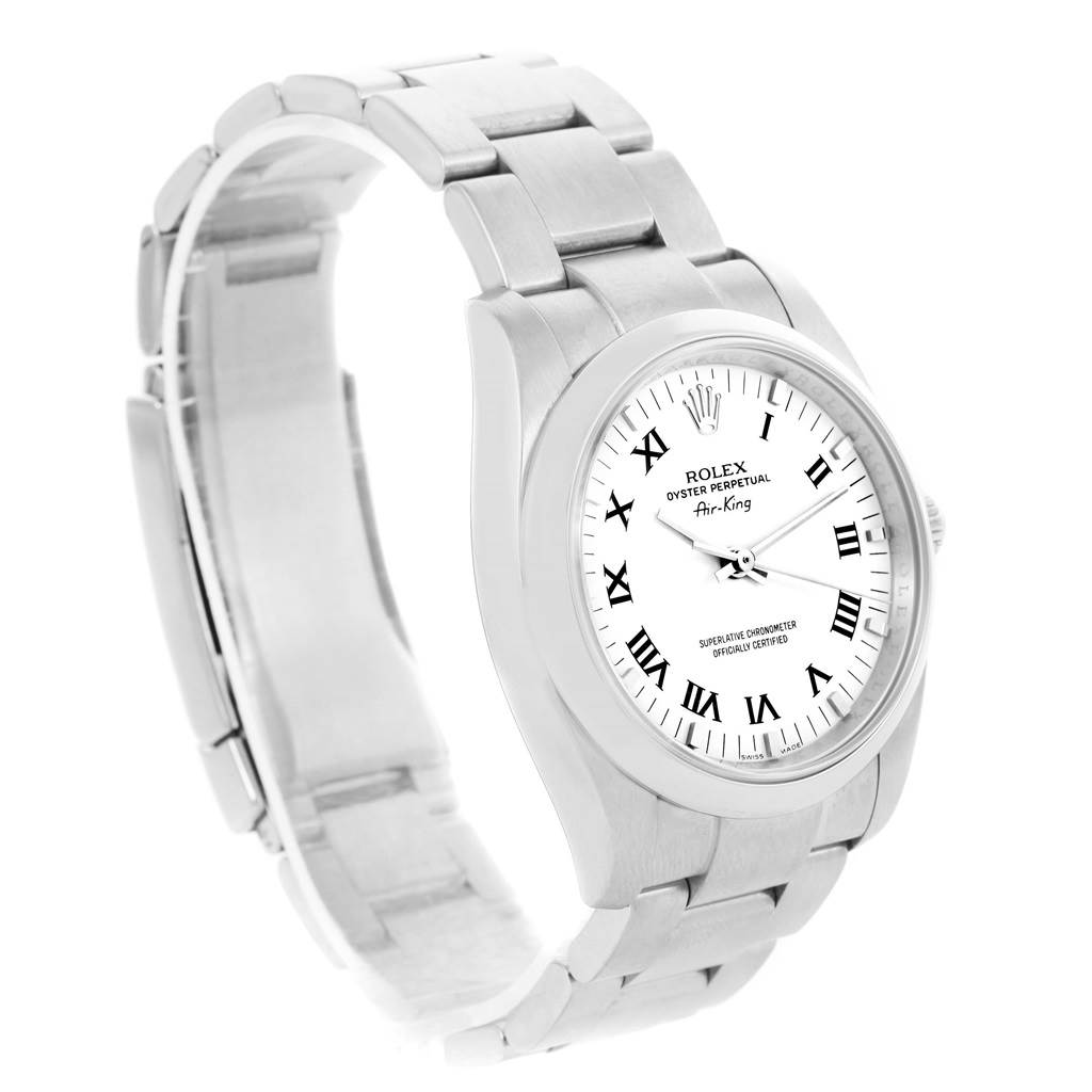 The image shows a Rolex Air-King 114200 Men's Stainless Steel White Dial 114200 Men's Stainless Steel White Dial watch at a slight angle, highlighting its face and stainless steel bracelet.