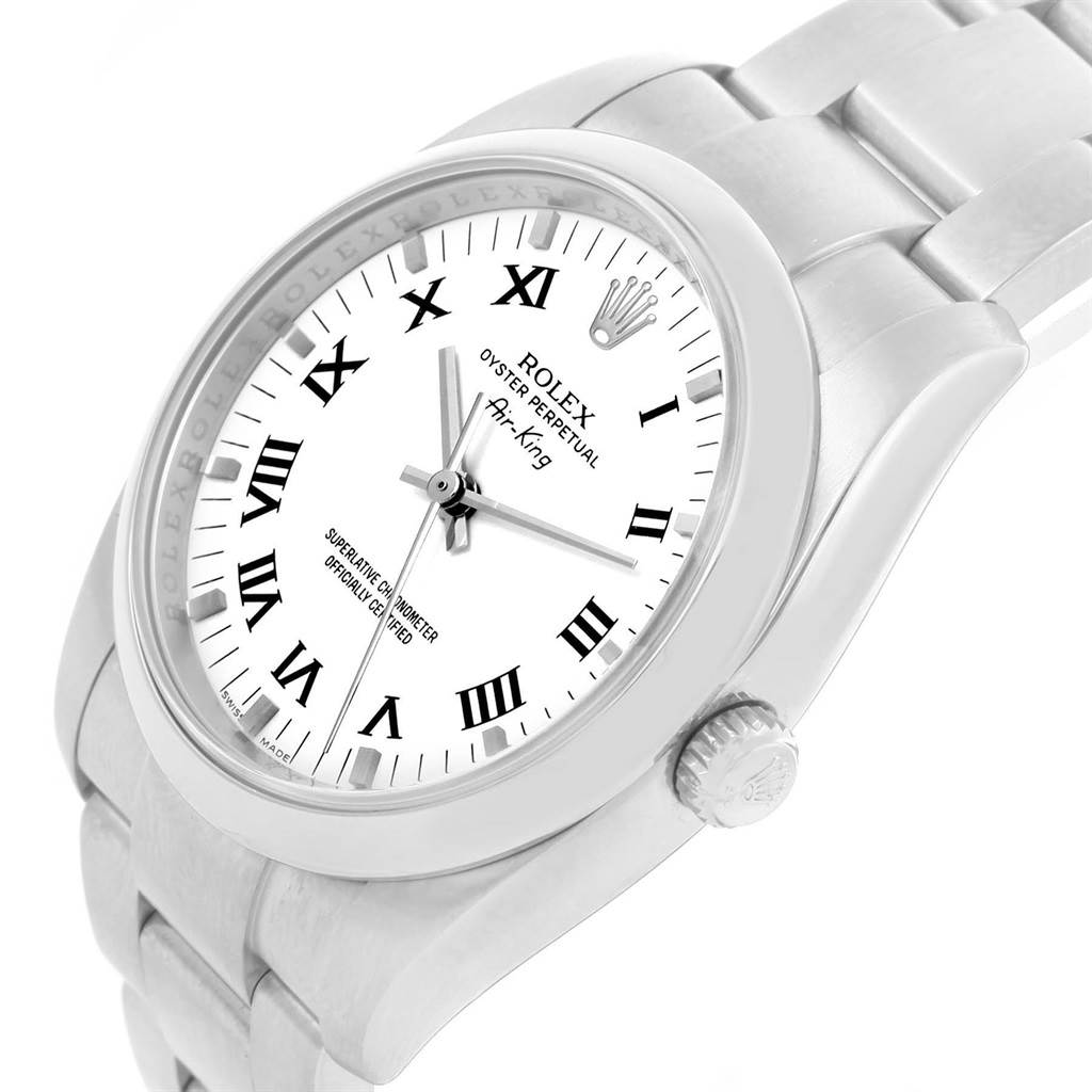 The image shows a Rolex Air-King 114200 Men's Stainless Steel White Dial 114200 Men's Stainless Steel White Dial watch at a tilted angle, highlighting the face, bezel, crown, and bracelet.