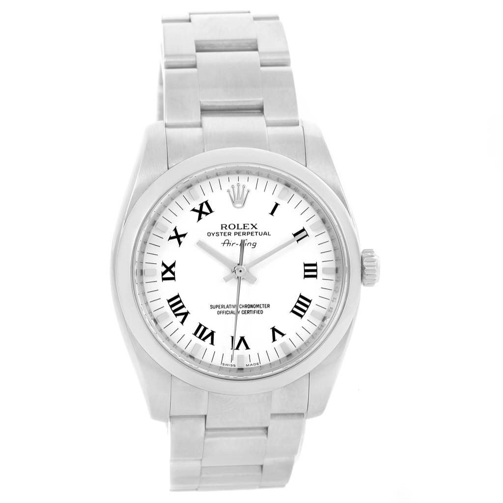 This image shows a front view of a Rolex Air-King 114200 Men's Stainless Steel White Dial 114200 Men's Stainless Steel White Dial watch, featuring its dial, hands, crown, and bracelet.