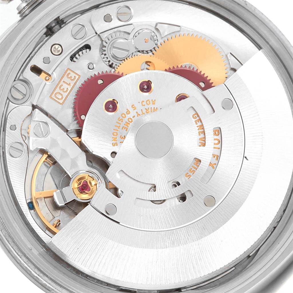 The image shows the internal movement mechanism of a Rolex Air-King 114200 Men's Stainless Steel White Dial 114200 Men's Stainless Steel White Dial watch, viewed from the back.