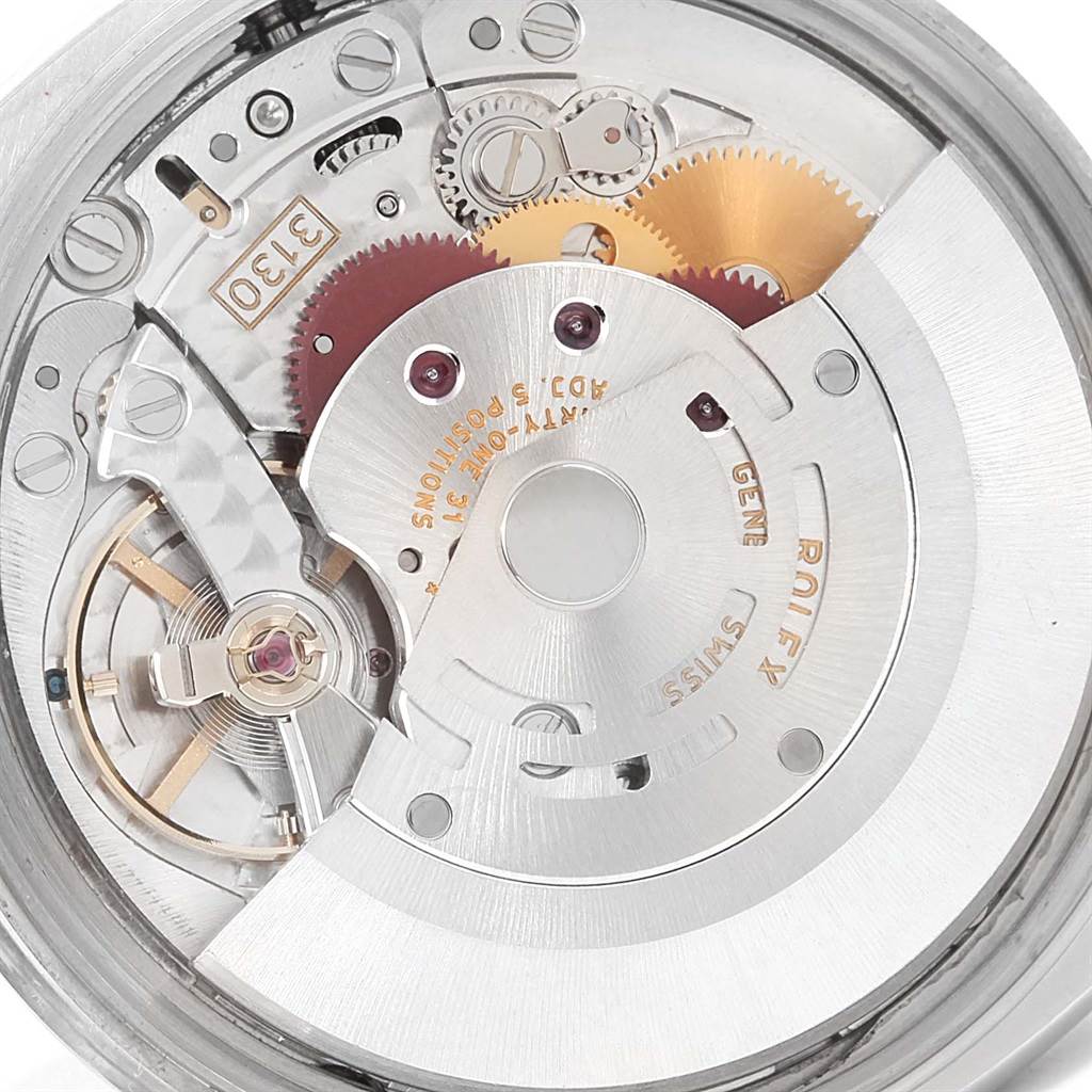 This image shows a close-up view of the inner mechanical components of the Rolex Air-King 114200 Stainless Steel Silver Dial 114200 Stainless Steel Silver Dial watch movement.