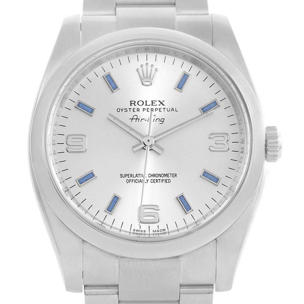 The image shows a front view of the Rolex Air-King 114200 Stainless Steel Silver Dial 114200 Stainless Steel Silver Dial watch, displaying the dial, bezel, and part of the bracelet.
