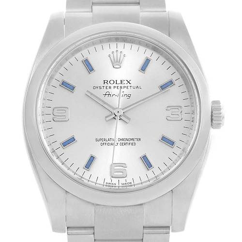 Photo of Rolex Air King Silver Dial Blue Hour Markers Watch 114200 Box Card