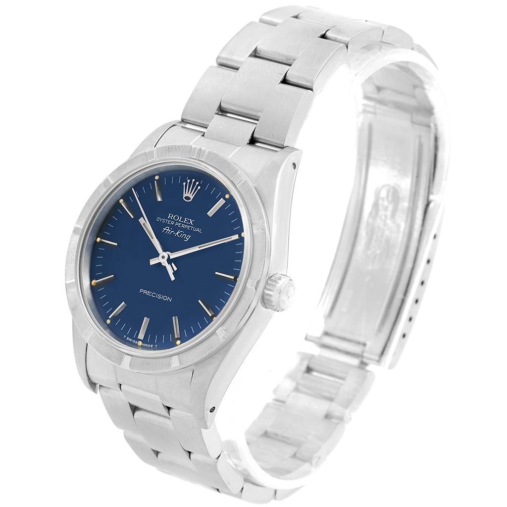 This Rolex Air-King 14010 Men's Stainless Steel Blue Dial 14010 Men's Stainless Steel Blue Dial watch is shown at a three-quarter angle, highlighting its face, crown, and part of its bracelet.
