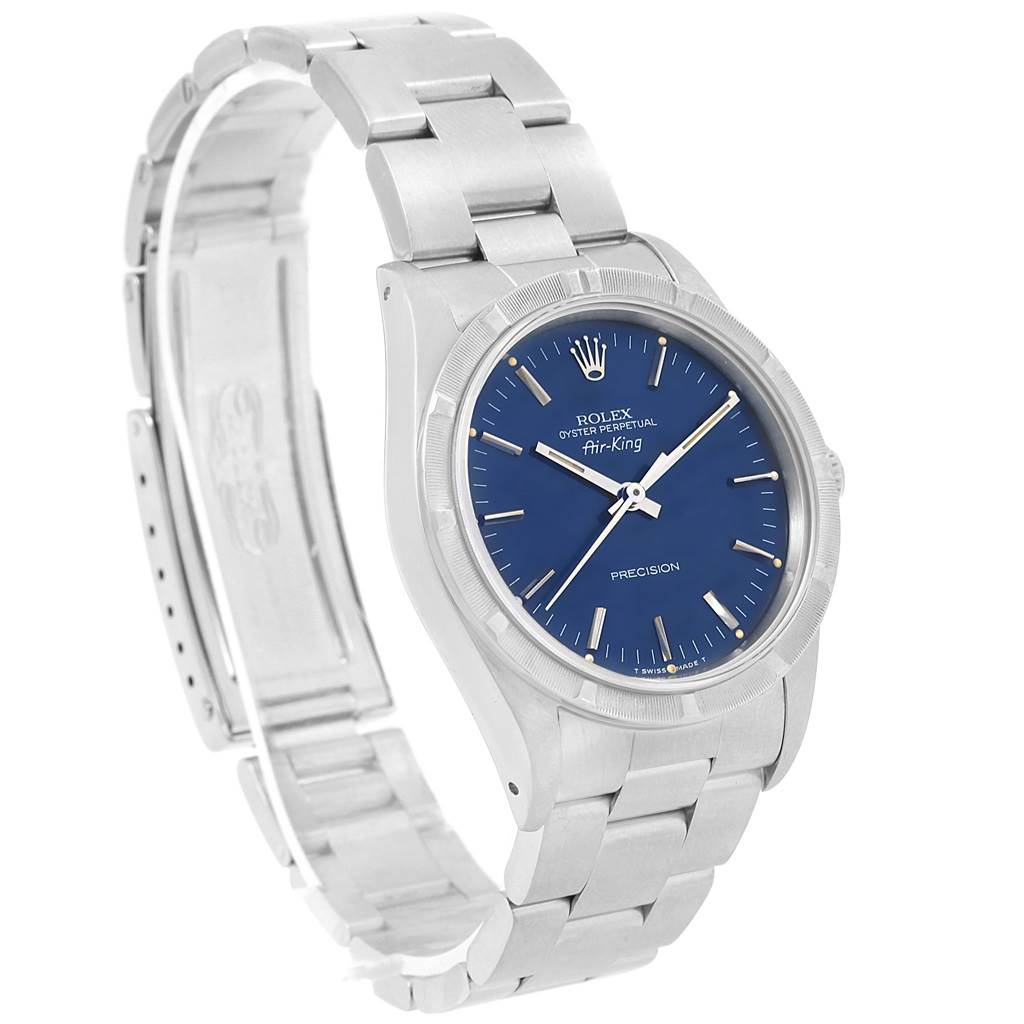 The Rolex Air-King 14010 Men's Stainless Steel Blue Dial 14010 Men's Stainless Steel Blue Dial watch is shown at an angle highlighting the face, bracelet, and partly open clasp.