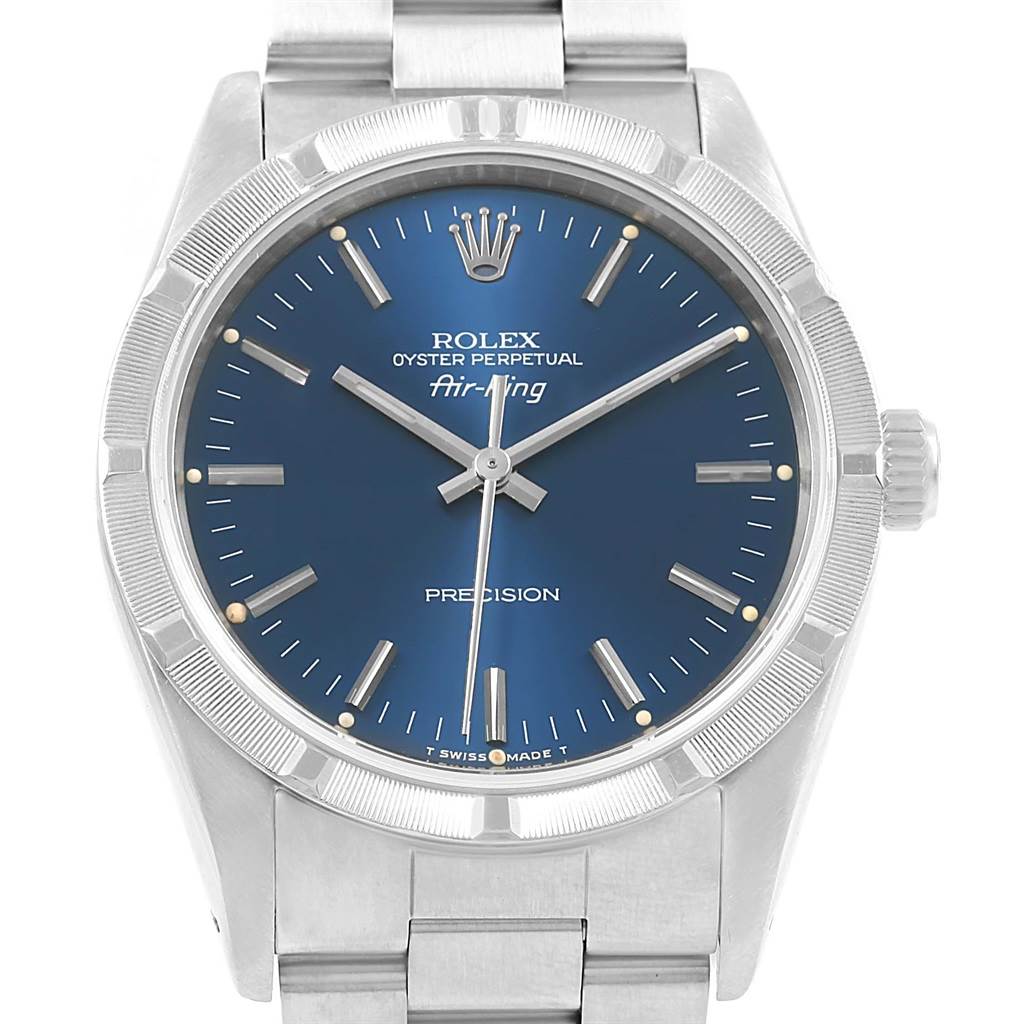 The Rolex Air-King 14010 Men's Stainless Steel Blue Dial 14010 Men's Stainless Steel Blue Dial watch is shown from the front, displaying the dial, hands, crown, and part of the bracelet.