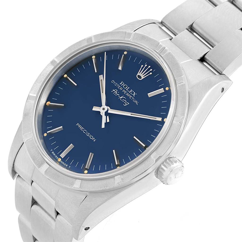 The image shows a Rolex Air-King 14010 Men's Stainless Steel Blue Dial 14010 Men's Stainless Steel Blue Dial watch at an angled side view, displaying the dial, crown, and part of the bracelet.