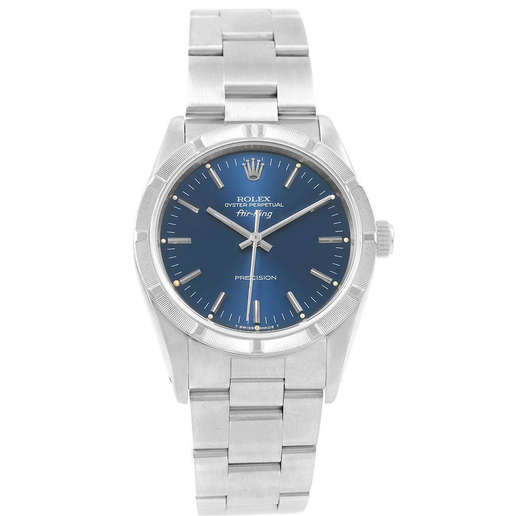 This image shows a front view of a Rolex Air-King 14010 Men's Stainless Steel Blue Dial 14010 Men's Stainless Steel Blue Dial watch displaying its face, bezel, case, and stainless steel bracelet.