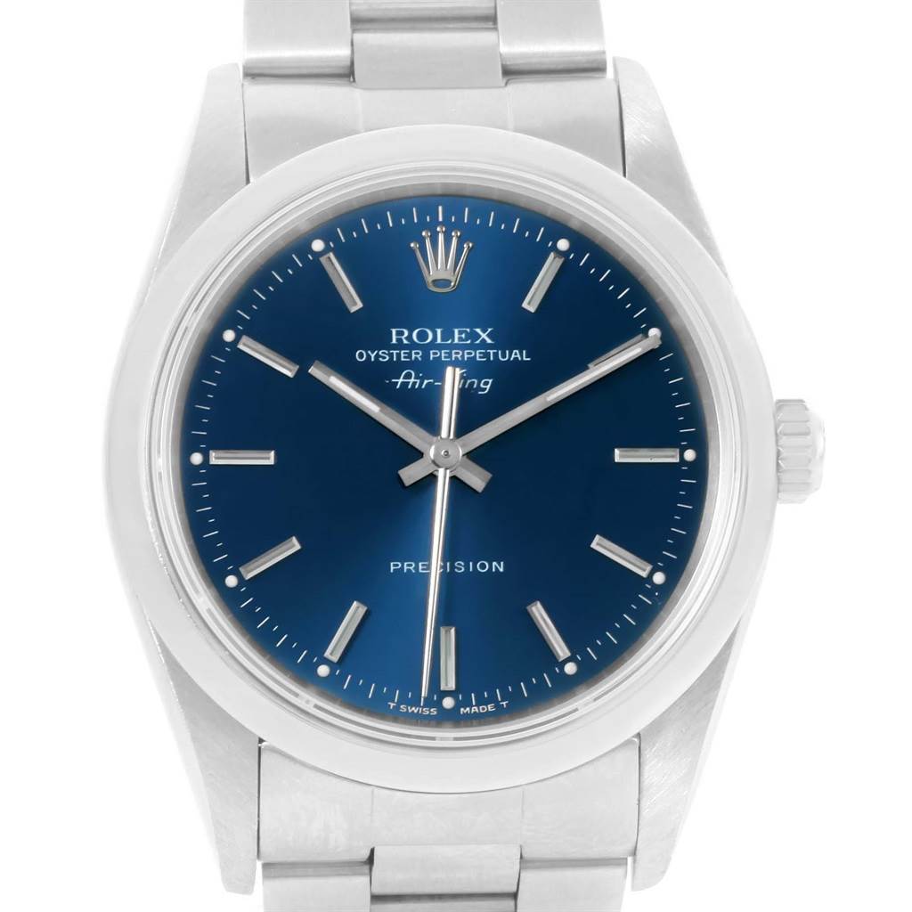 The image shows a front view of the Rolex Air-King 14000 Stainless Steel Blue Dial 14000 Stainless Steel Blue Dial watch, highlighting its dial, hands, markers, and part of the bracelet.