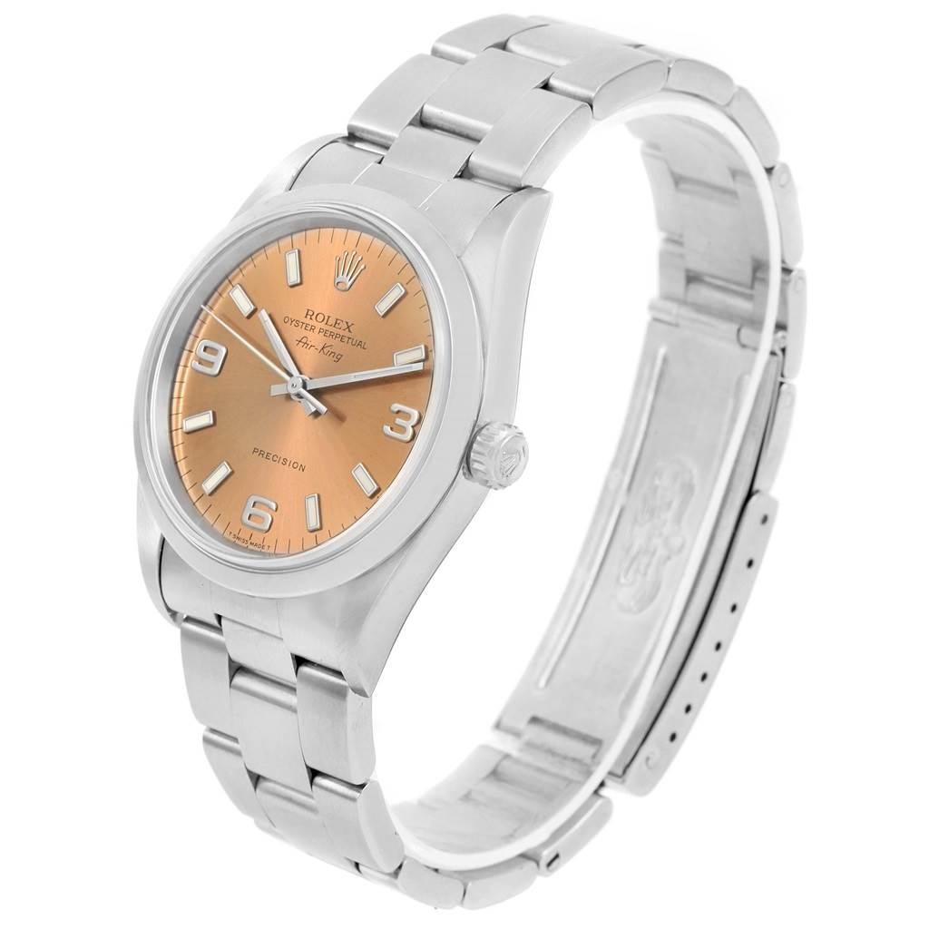 The Rolex Air-King 14000 Stainless Steel Pink Dial 14000 Stainless Steel Pink Dial watch is shown from an angled side view, displaying its dial, crown, and bracelet.