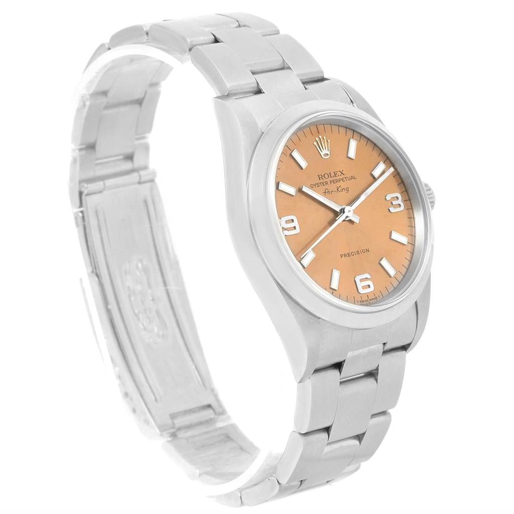 The image shows a front-left angle of the Rolex Air-King 14000 Stainless Steel Pink Dial 14000 Stainless Steel Pink Dial watch, highlighting the dial and part of the bracelet.