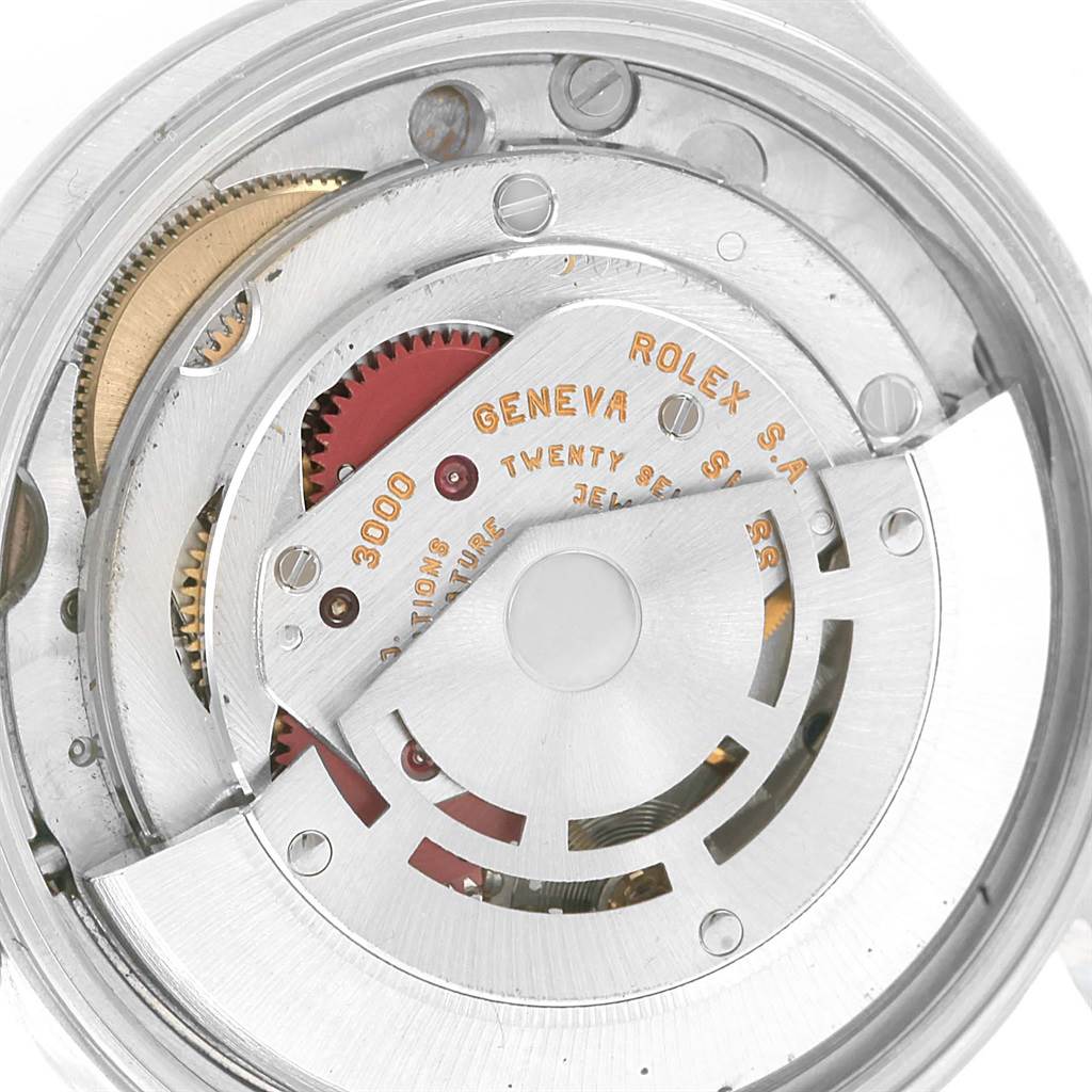 The image shows the internal mechanism of a Rolex Air-King 14000 Stainless Steel Pink Dial 14000 Stainless Steel Pink Dial watch, focusing on the rotor and movement components.
