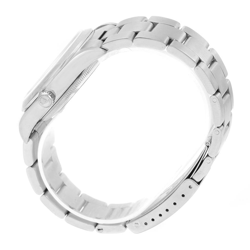 The image shows a side view of the Rolex Air-King 14000 Stainless Steel Pink Dial 14000 Stainless Steel Pink Dial model, highlighting the bracelet and side case with the crown.