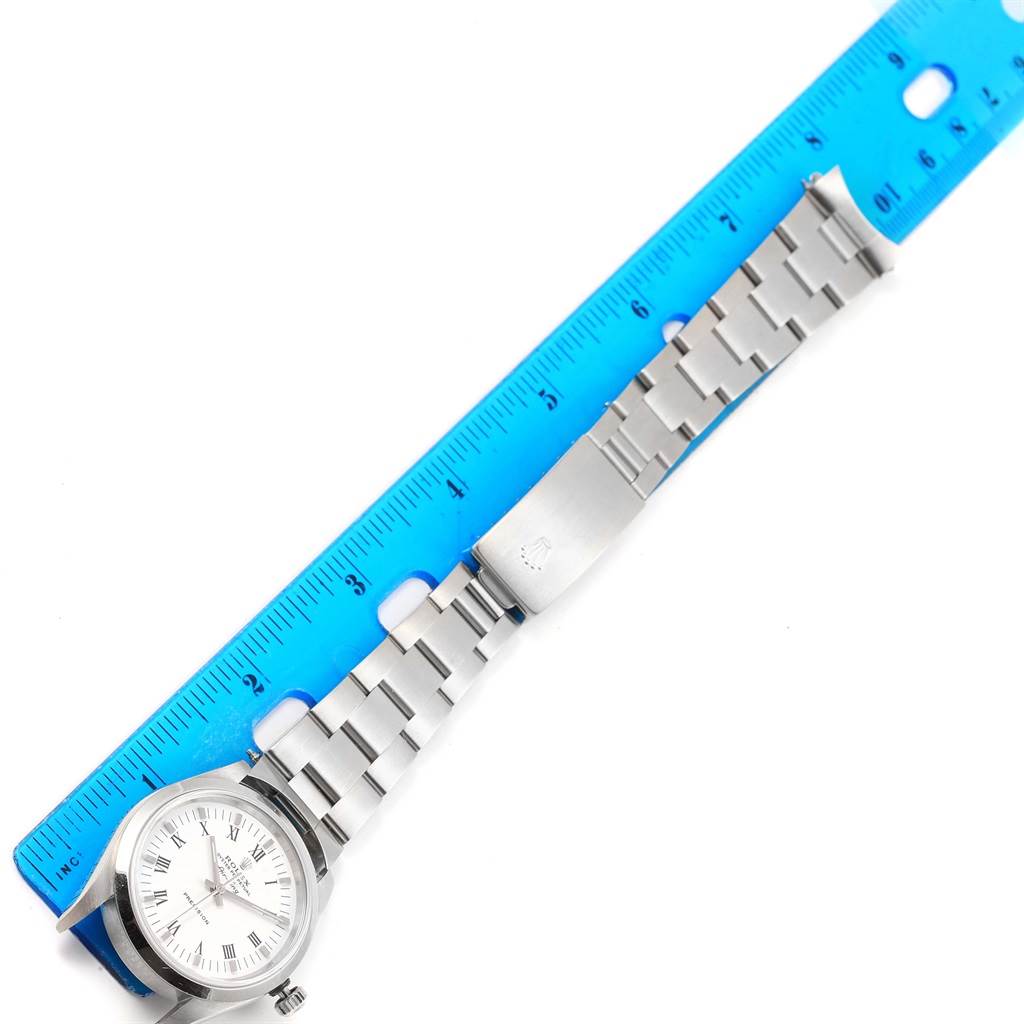 The image shows the full length of a Rolex Air-King 14000 Stainless Steel White Dial 14000 Stainless Steel White Dial watch, laid flat alongside a blue ruler for measurement.