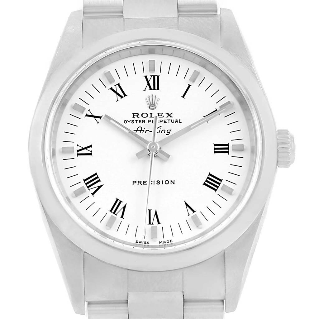 The image shows a front-on view of the Rolex Air-King 14000 Stainless Steel White Dial 14000 Stainless Steel White Dial watch, displaying the dial, hands, and part of the bracelet.