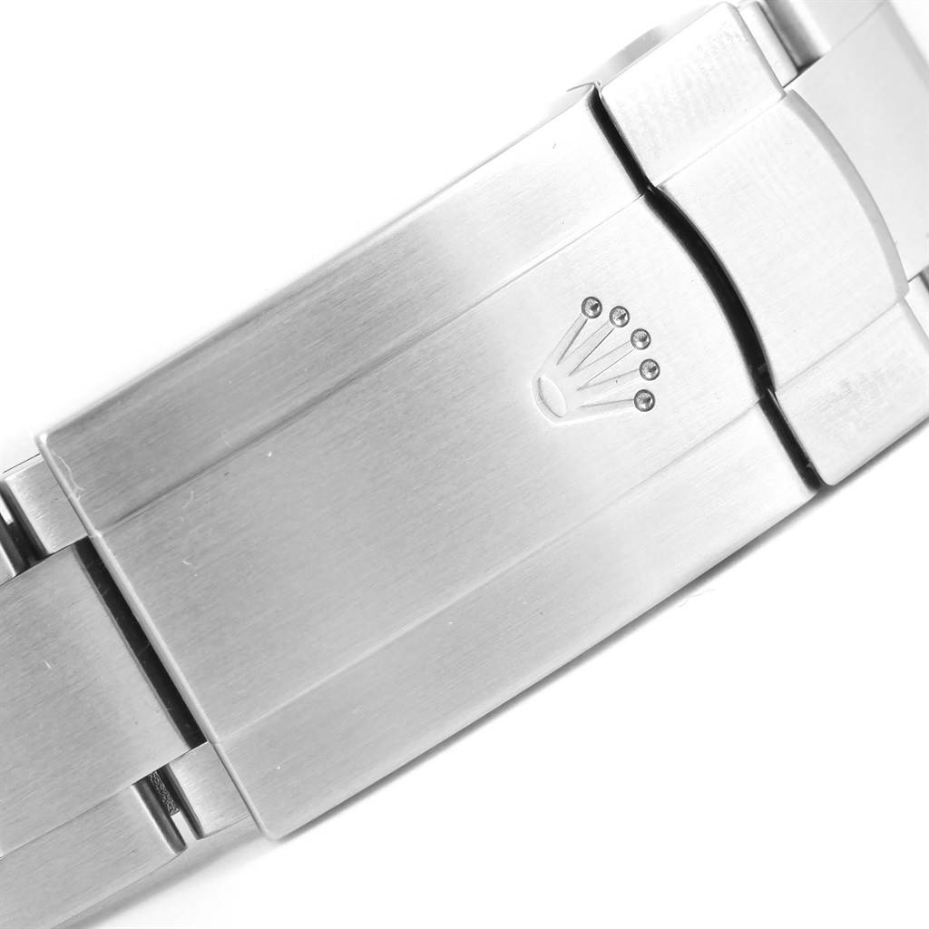 The image shows the clasp of the Rolex Air-King 114234 Stainless Steel Silver Dial 114234 Stainless Steel Silver Dial watch, featuring the Rolex crown logo.