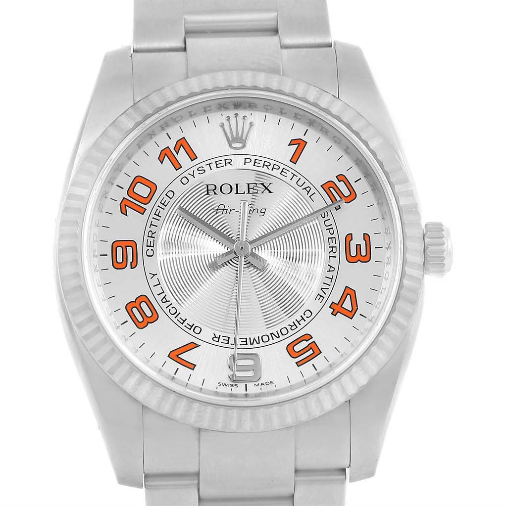 The image shows a front angle view of the Rolex Air-King 114234 Stainless Steel Silver Dial 114234 Stainless Steel Silver Dial watch, displaying its dial, hands, crown, and part of its bracelet.