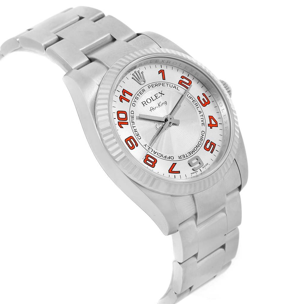 This Rolex Air-King 114234 Stainless Steel Silver Dial 114234 Stainless Steel Silver Dial watch is shown at an angle displaying the face, bezel, bracelet, and crown.